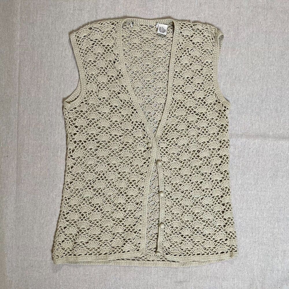 Vintage Crocheted Silk and Cotton Vest Beige - Large